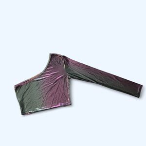 Xtaren Metallic Cropped One Sleeve Off Shoulder Top